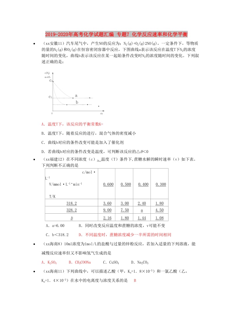 2019-2020年高考化学试题汇编 专题7 化学反应速率和化学平衡.doc_第1页