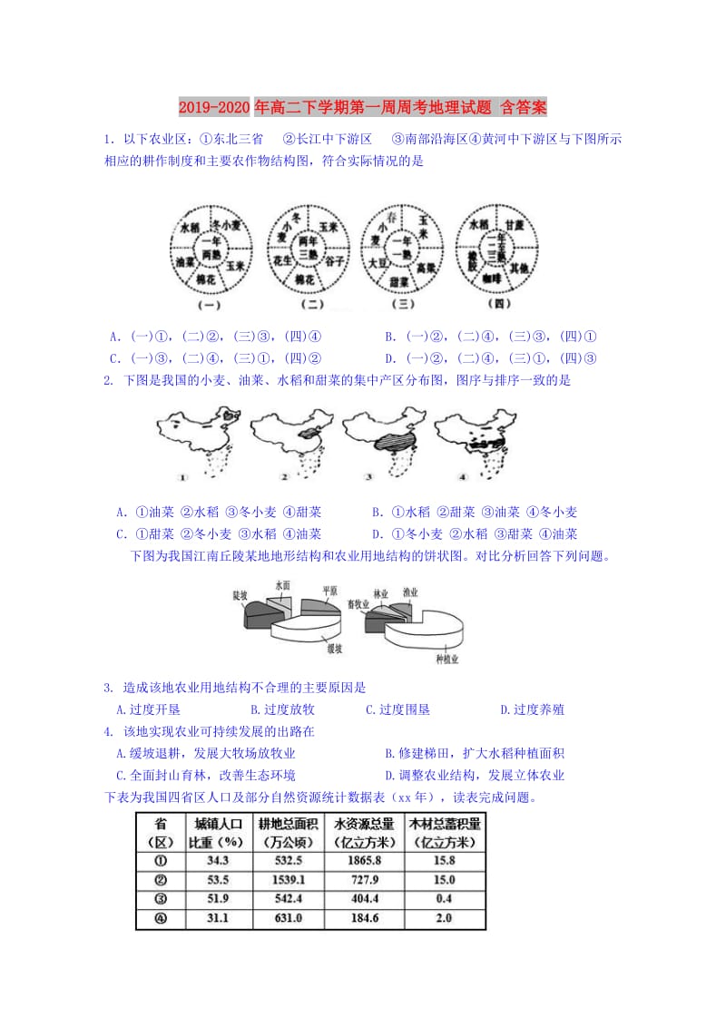 2019-2020年高二下学期第一周周考地理试题 含答案.doc_第1页