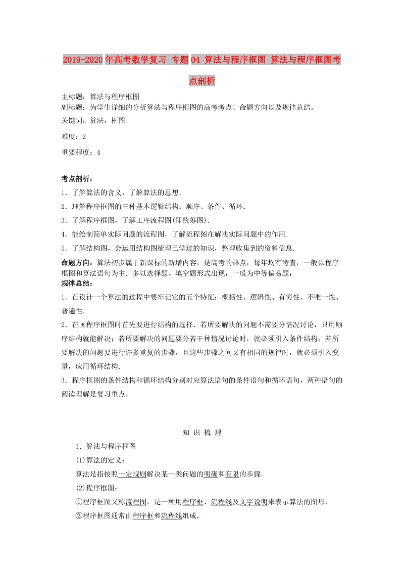 2019-2020年高考数学复习 专题04 算法与程序框图 算法与程序框图考点剖析.doc_第1页