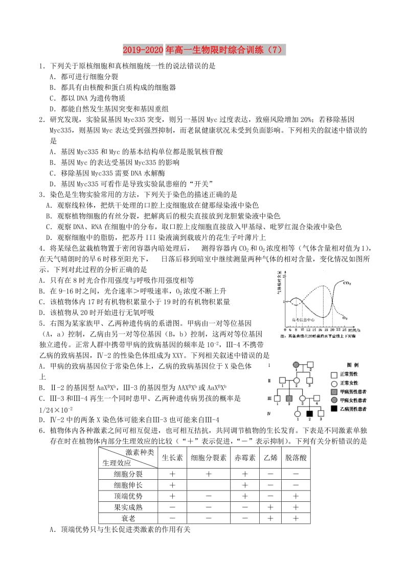 2019-2020年高一生物限时综合训练（7）.doc_第1页