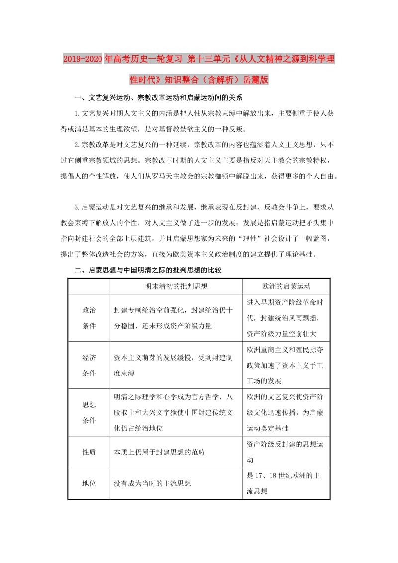 2019-2020年高考历史一轮复习 第十三单元《从人文精神之源到科学理性时代》知识整合（含解析）岳麓版.doc_第1页