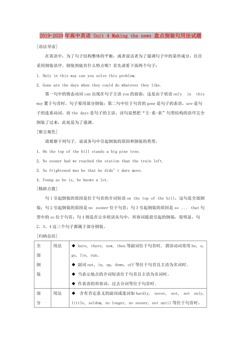 2019-2020年高中英语 Unit 4 Making the news 盘点倒装句用法试题.doc_第1页