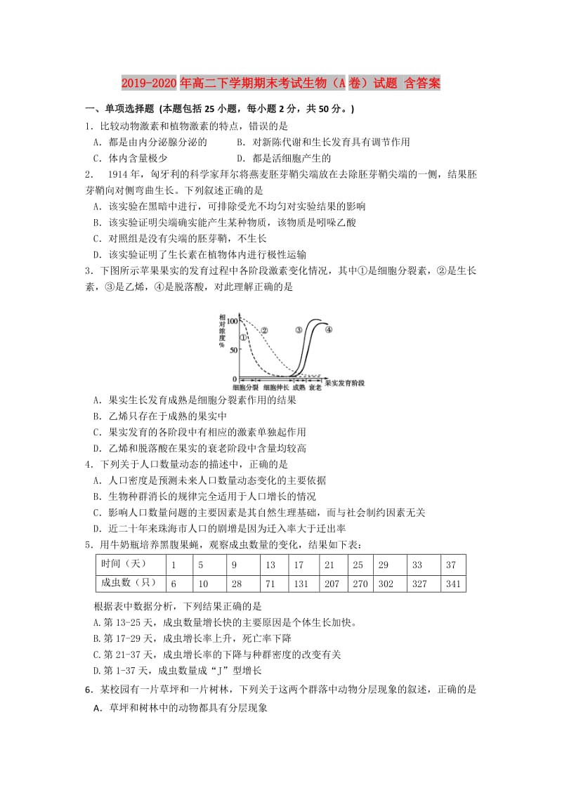 2019-2020年高二下学期期末考试生物（A卷）试题 含答案.doc_第1页