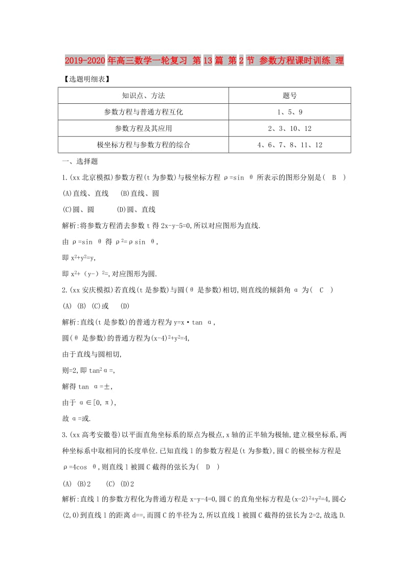 2019-2020年高三数学一轮复习 第13篇 第2节 参数方程课时训练 理.doc_第1页