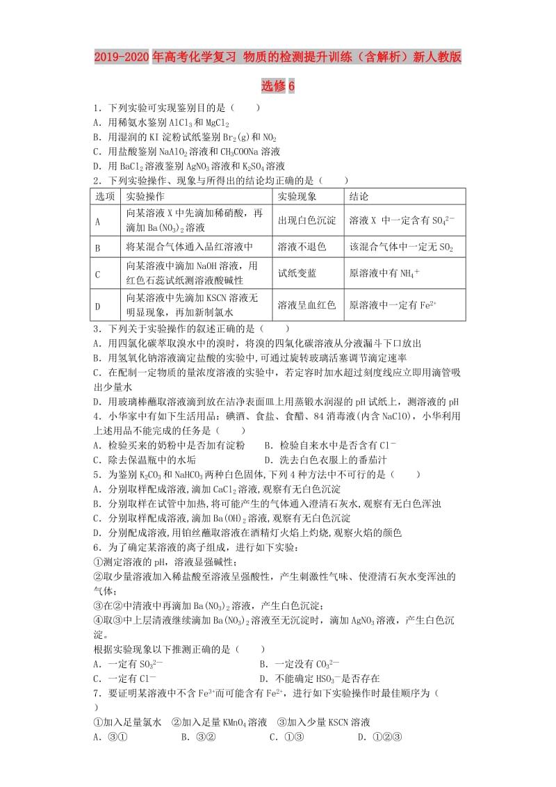 2019-2020年高考化学复习 物质的检测提升训练（含解析）新人教版选修6.doc_第1页