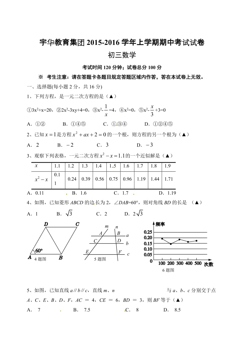 北大附中河南分校初三上学期数学期中试卷及答案.doc_第1页