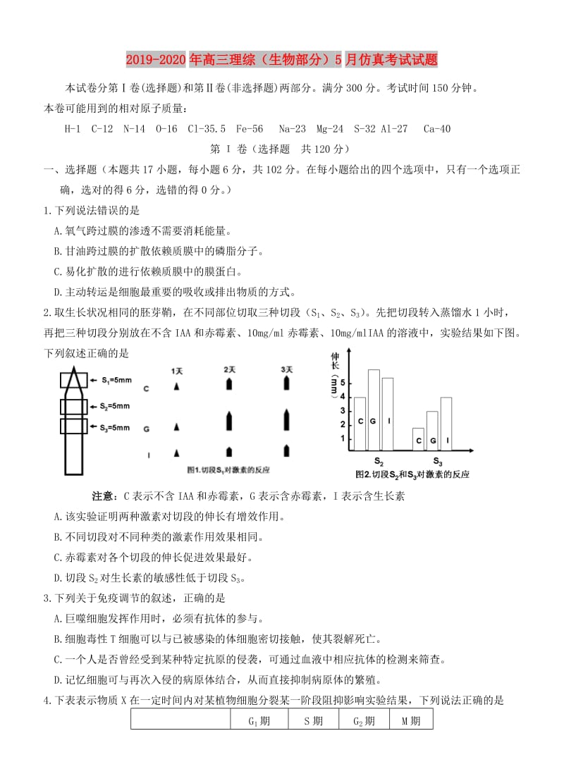 2019-2020年高三理综（生物部分）5月仿真考试试题.doc_第1页