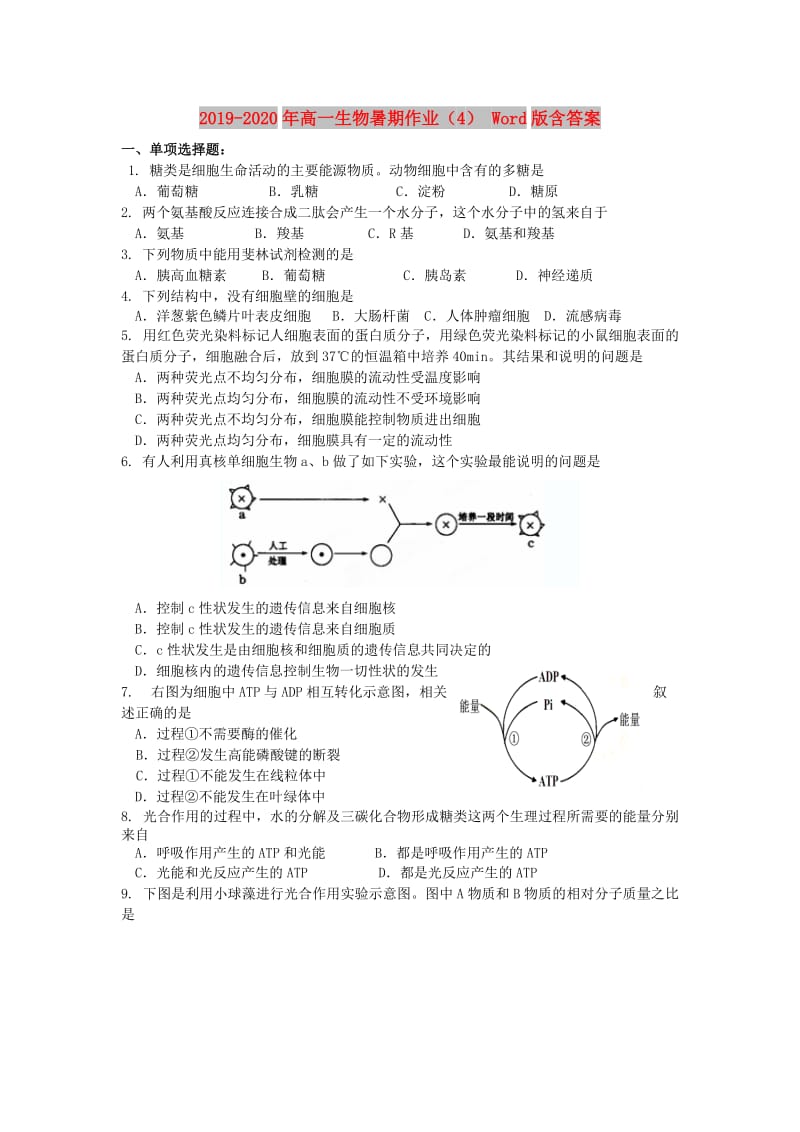 2019-2020年高一生物暑期作业（4） Word版含答案.doc_第1页