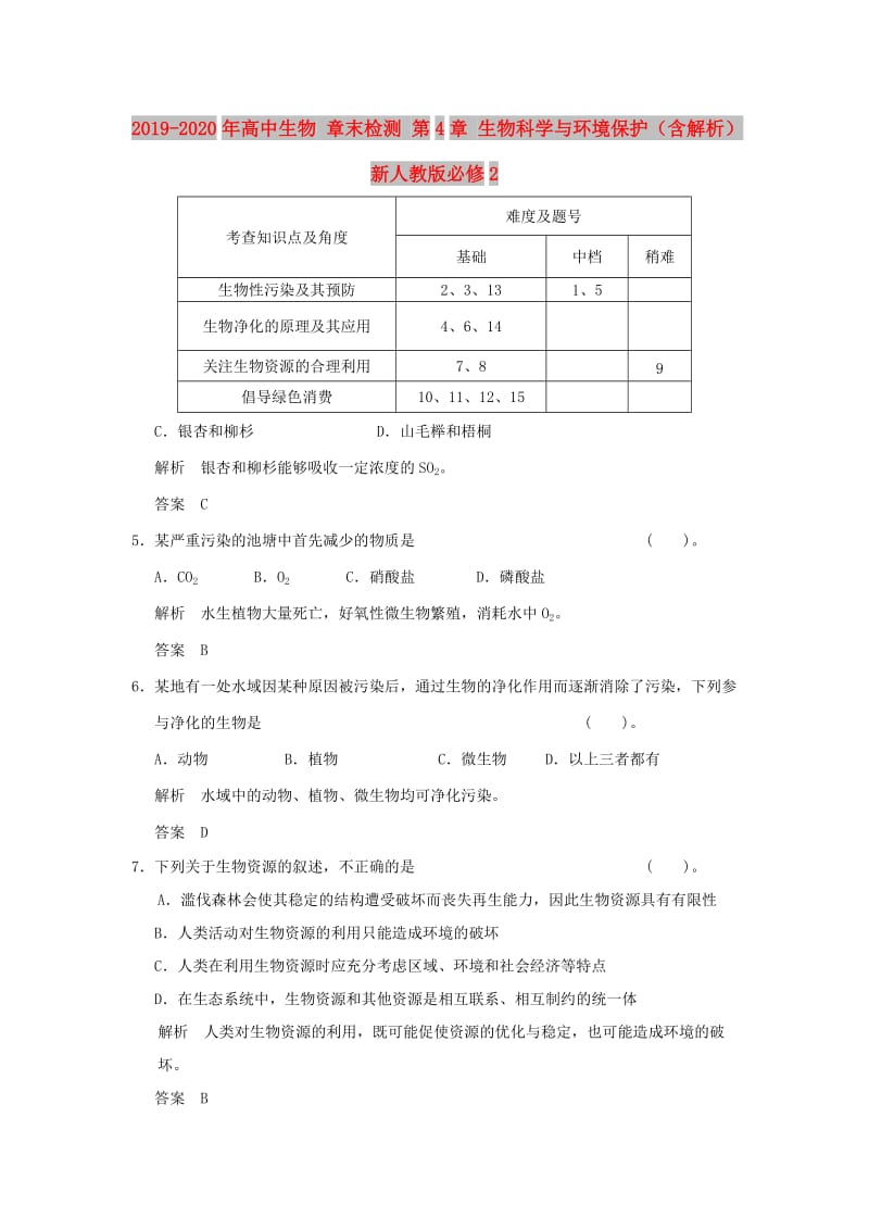 2019-2020年高中生物 章末检测 第4章 生物科学与环境保护（含解析）新人教版必修2.doc_第1页