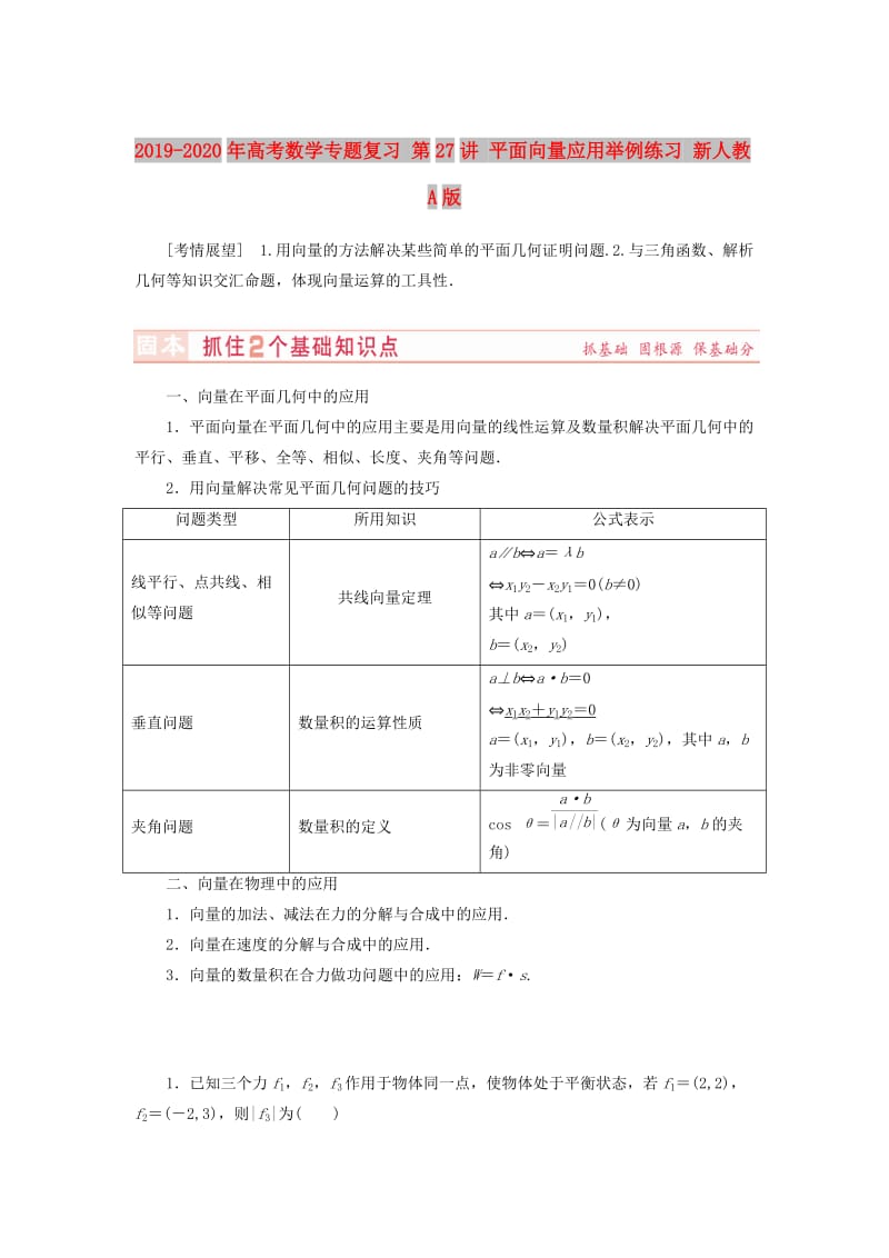 2019-2020年高考数学专题复习 第27讲 平面向量应用举例练习 新人教A版.doc_第1页