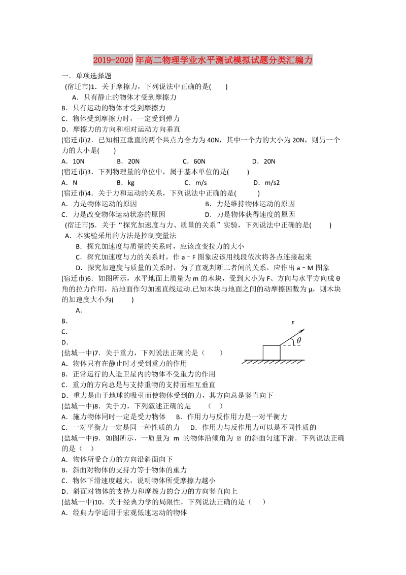 2019-2020年高二物理学业水平测试模拟试题分类汇编力.doc_第1页