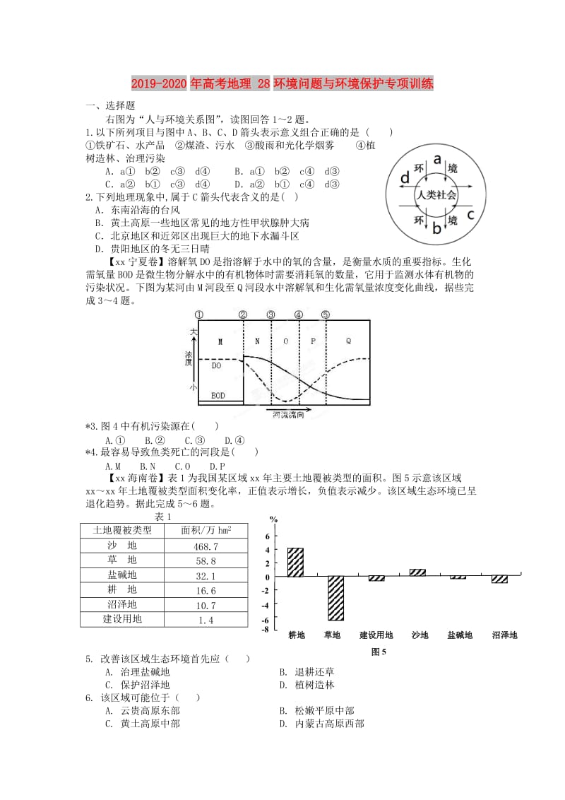 2019-2020年高考地理 28环境问题与环境保护专项训练.doc_第1页