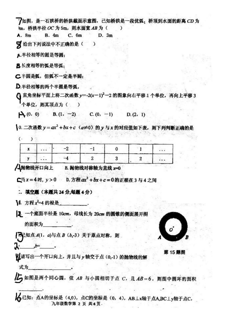 福州市杨桥中学2015-2016年九年级上期中考数学试卷及答案.doc_第2页