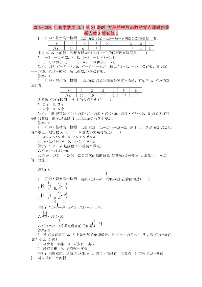 2019-2020年高中数学 3.1第21课时 方程的根与函数的零点课时作业 新人教A版必修1.doc_第1页