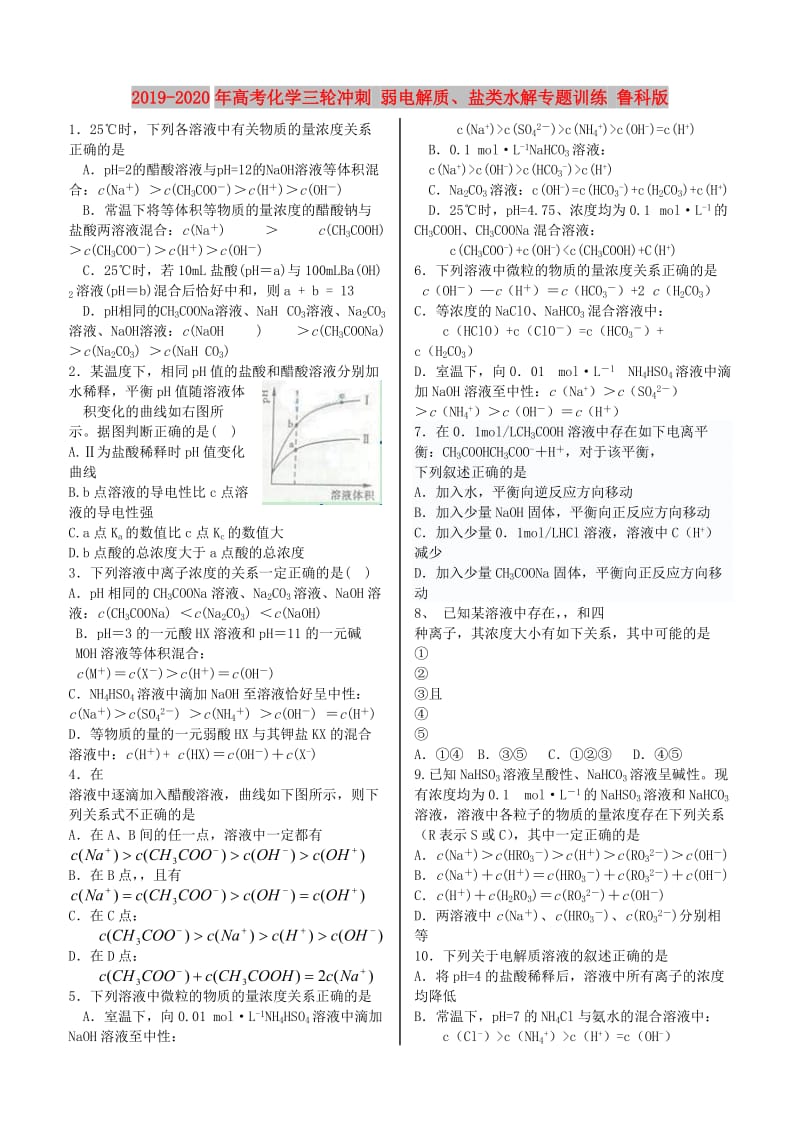 2019-2020年高考化学三轮冲刺 弱电解质、盐类水解专题训练 鲁科版.doc_第1页