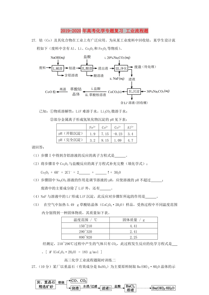 2019-2020年高考化学专题复习 工业流程题.doc_第1页