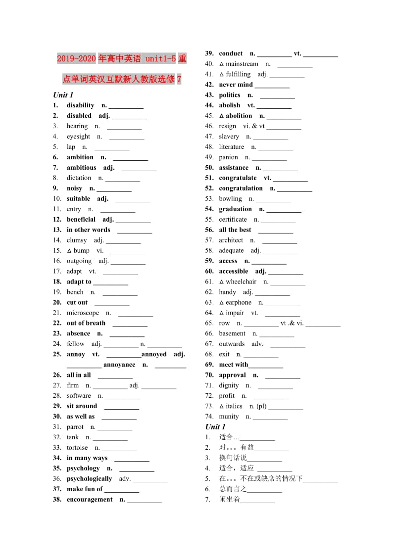 2019-2020年高中英语 unit1-5重点单词英汉互默新人教版选修7.doc_第1页