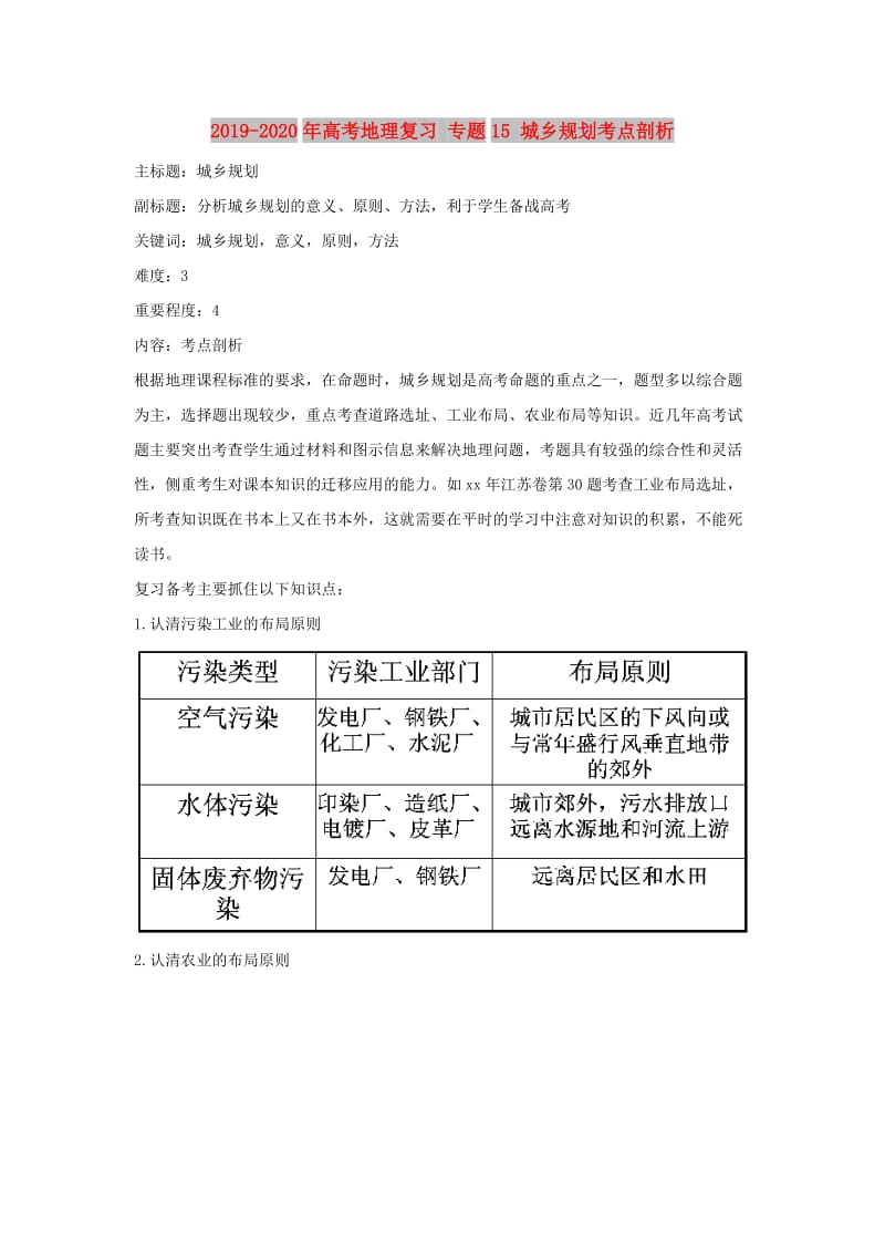 2019-2020年高考地理复习 专题15 城乡规划考点剖析.doc_第1页