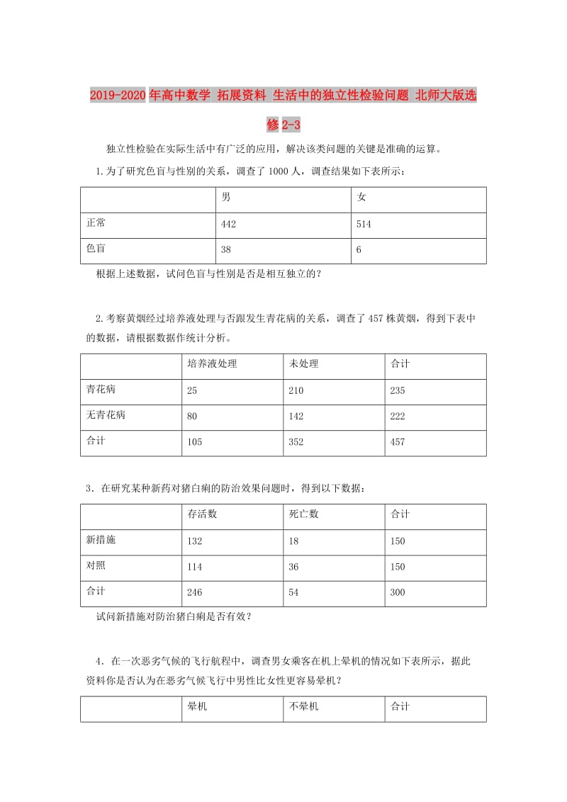 2019-2020年高中数学 拓展资料 生活中的独立性检验问题 北师大版选修2-3.doc_第1页