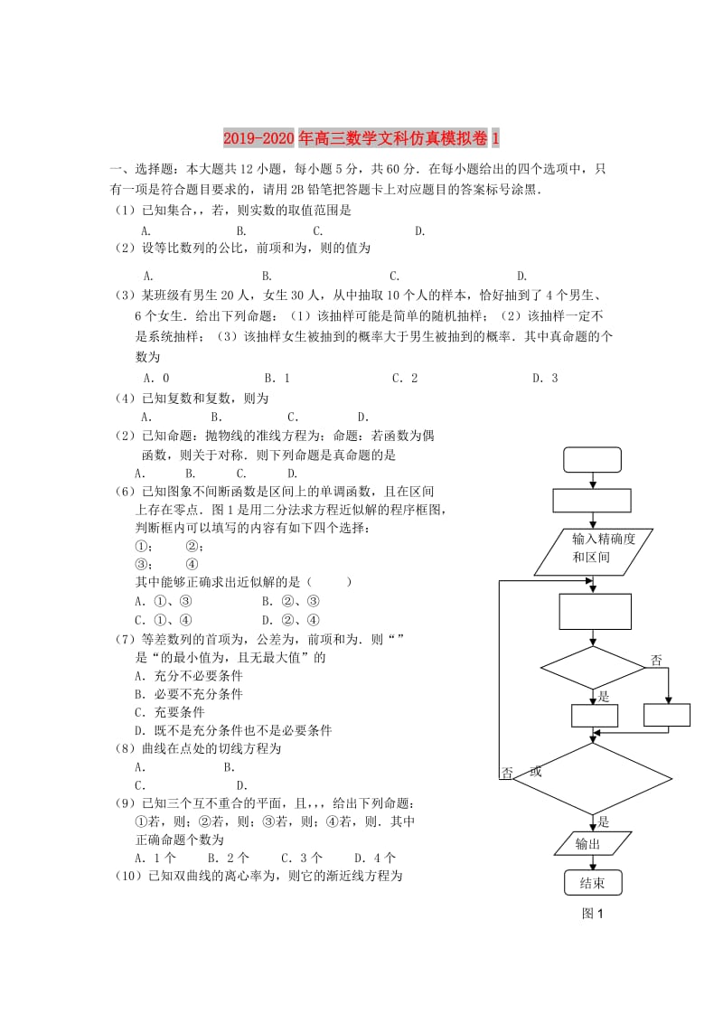 2019-2020年高三数学文科仿真模拟卷1.doc_第1页