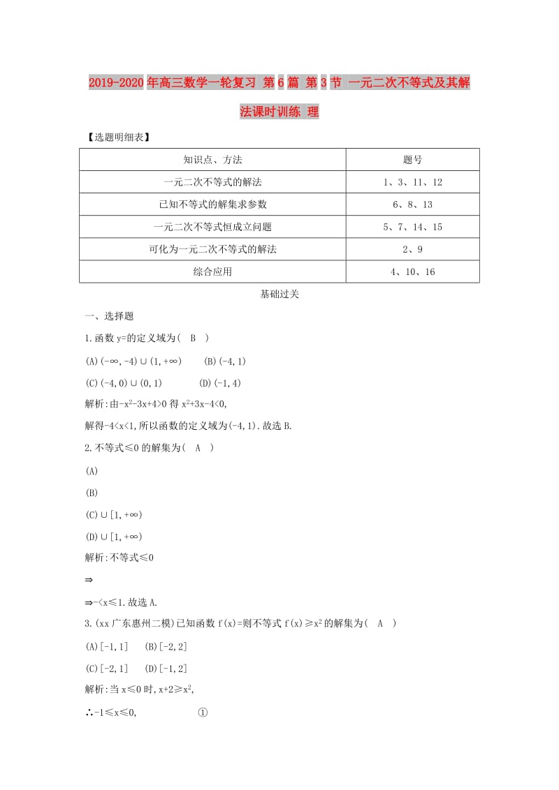 2019-2020年高三数学一轮复习 第6篇 第3节 一元二次不等式及其解法课时训练 理.doc_第1页