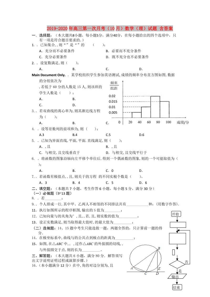 2019-2020年高三第一次月考（10月）数学（理）试题 含答案.doc_第1页