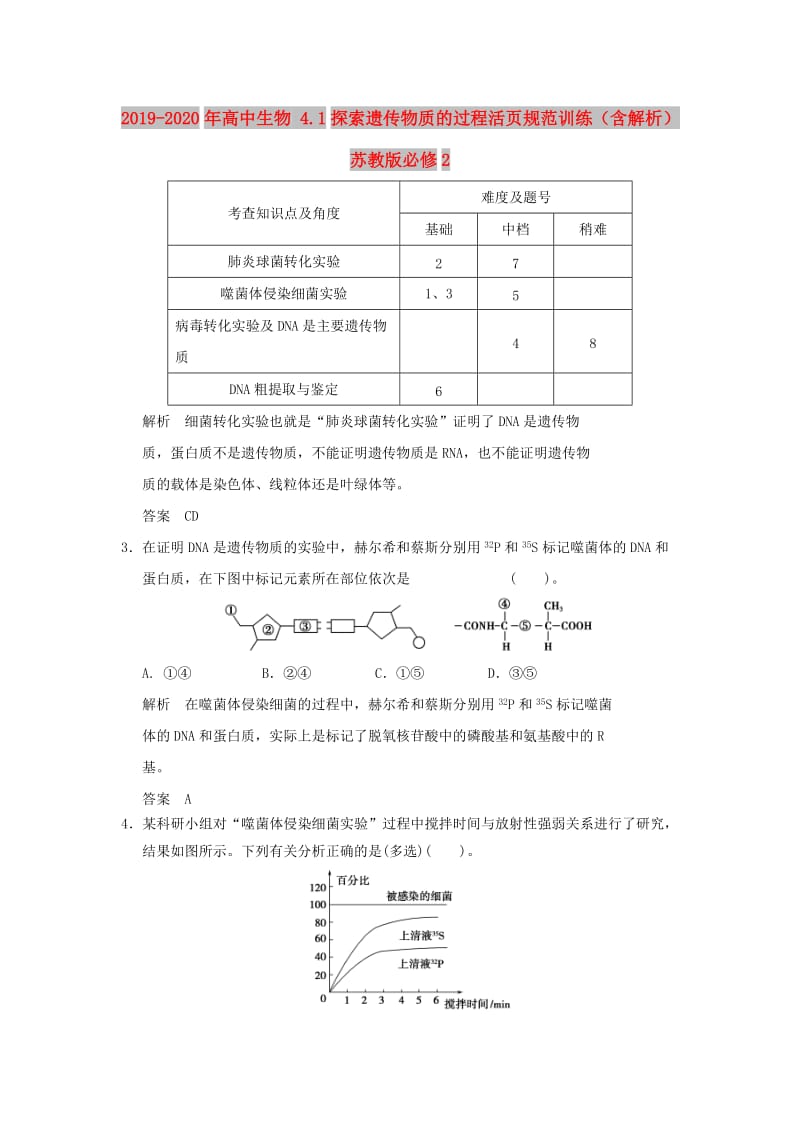 2019-2020年高中生物 4.1探索遗传物质的过程活页规范训练（含解析）苏教版必修2.doc_第1页