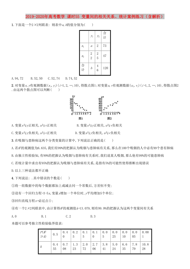 2019-2020年高考数学 课时55 变量间的相关关系、统计案例练习（含解析）.doc_第1页