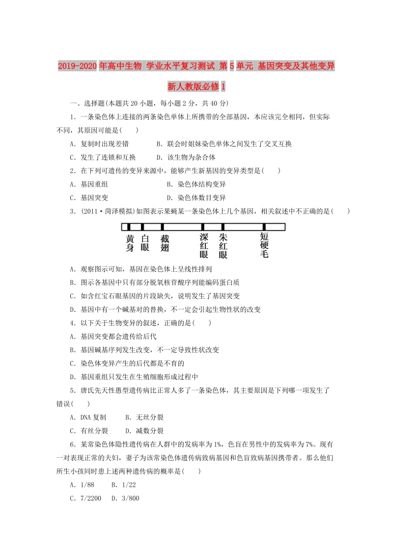 2019-2020年高中生物 学业水平复习测试 第5单元 基因突变及其他变异 新人教版必修1.doc_第1页