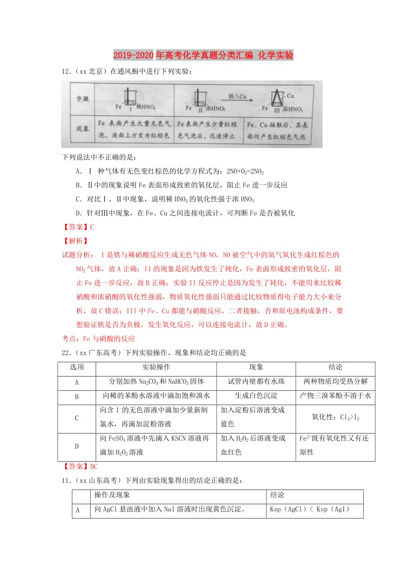 2019-2020年高考化学真题分类汇编 化学实验.doc_第1页