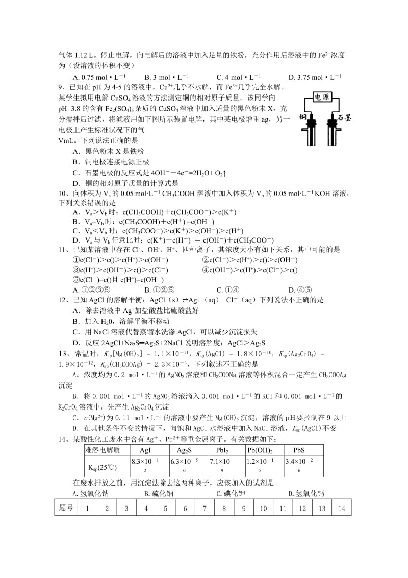 2019-2020年高二上学期第十四周化学半月考试题 含答案.doc_第2页