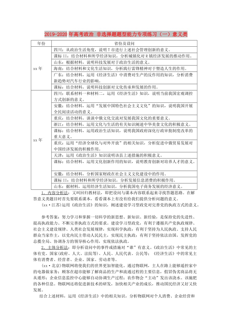 2019-2020年高考政治 非选择题题型能力专项练习（一）意义类.doc_第1页