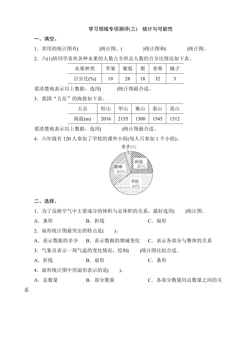 六年级数学上册专项练习题及答案 统计与可能性.doc_第1页