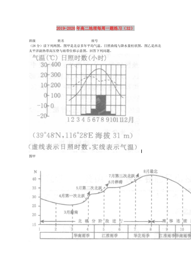 2019-2020年高二地理每周一题练习（32）.doc_第1页