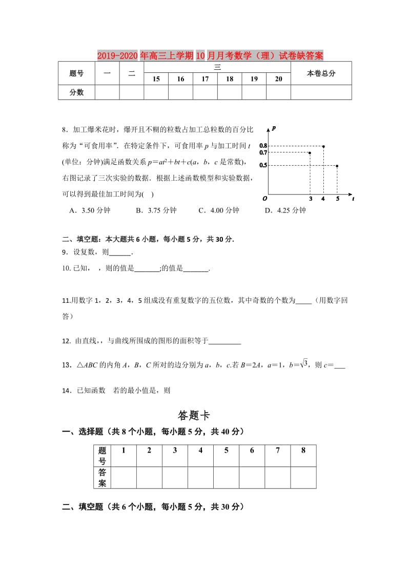 2019-2020年高三上学期10月月考数学（理）试卷缺答案.doc_第1页