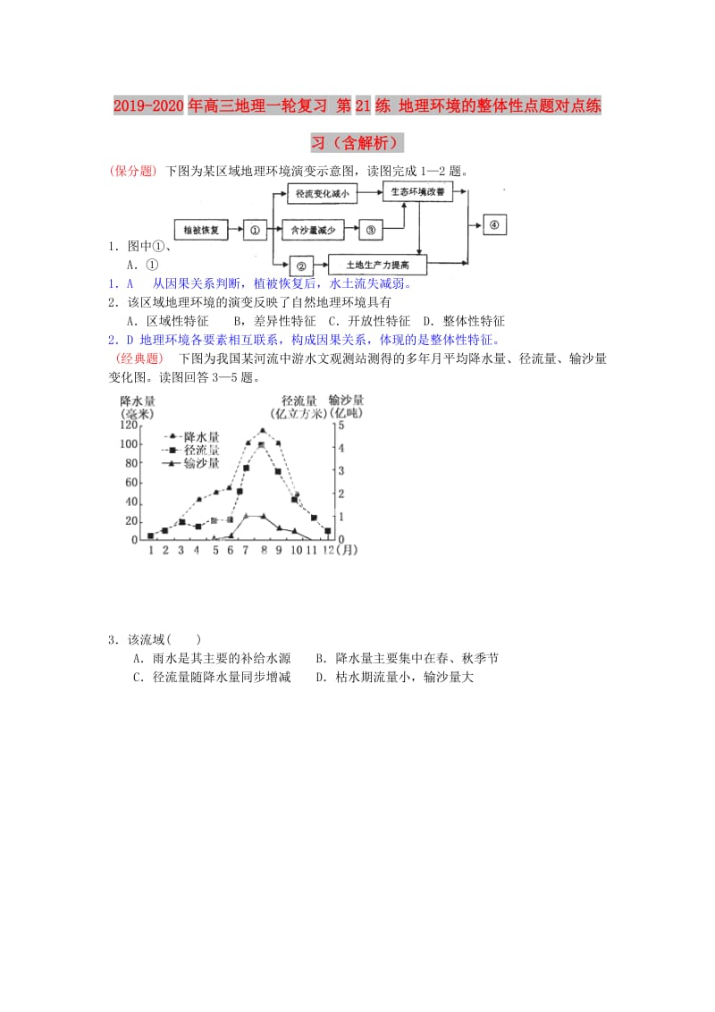 2019-2020年高三地理一轮复习 第21练 地理环境的整体性点题对点练习（含解析）.doc_第1页