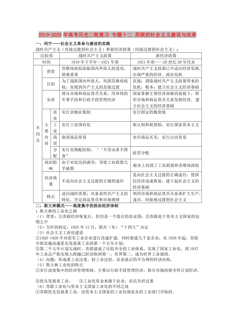 2019-2020年高考历史二轮复习 专题十二 苏联的社会主义建设与改革.doc_第1页