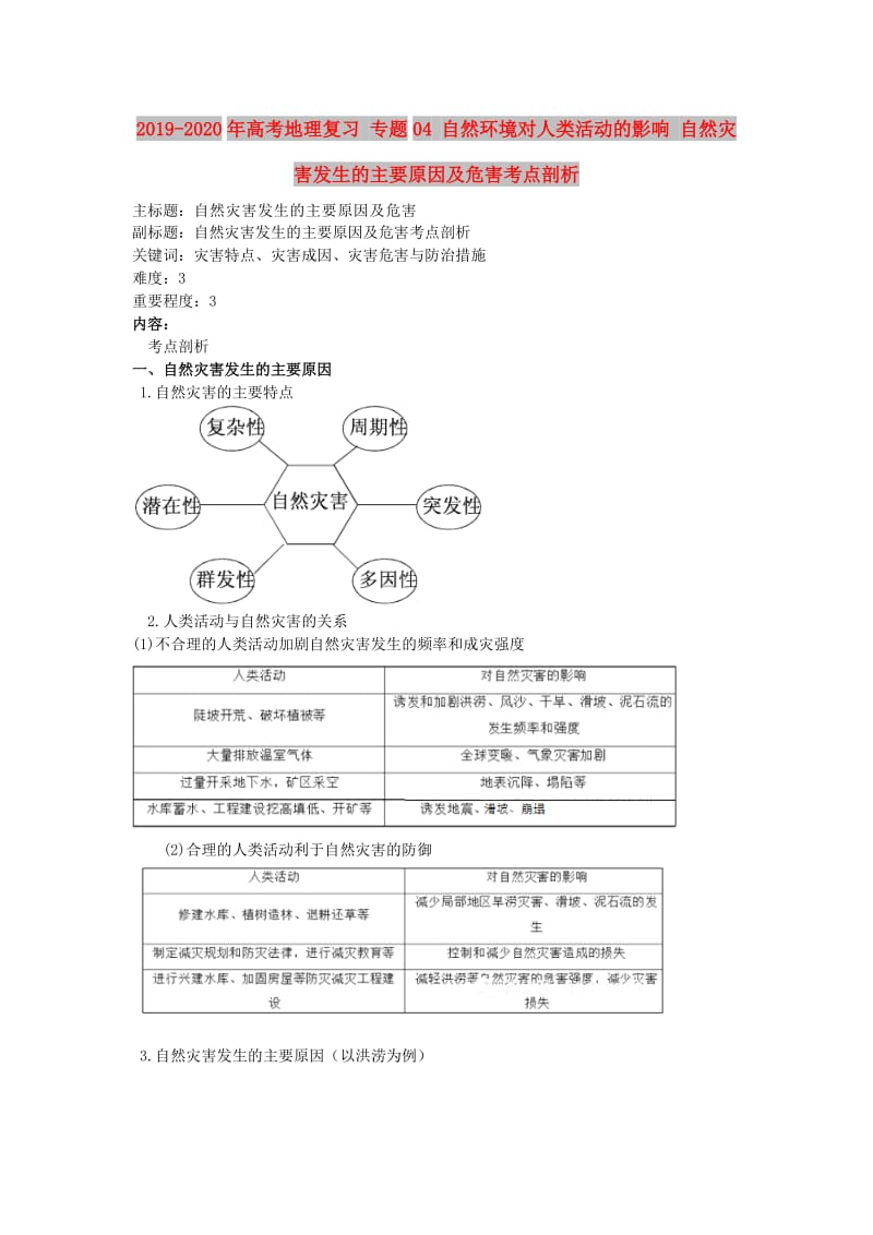 2019-2020年高考地理复习 专题04 自然环境对人类活动的影响 自然灾害发生的主要原因及危害考点剖析.doc_第1页