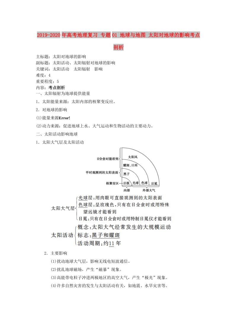 2019-2020年高考地理复习 专题01 地球与地图 太阳对地球的影响考点剖析.doc_第1页