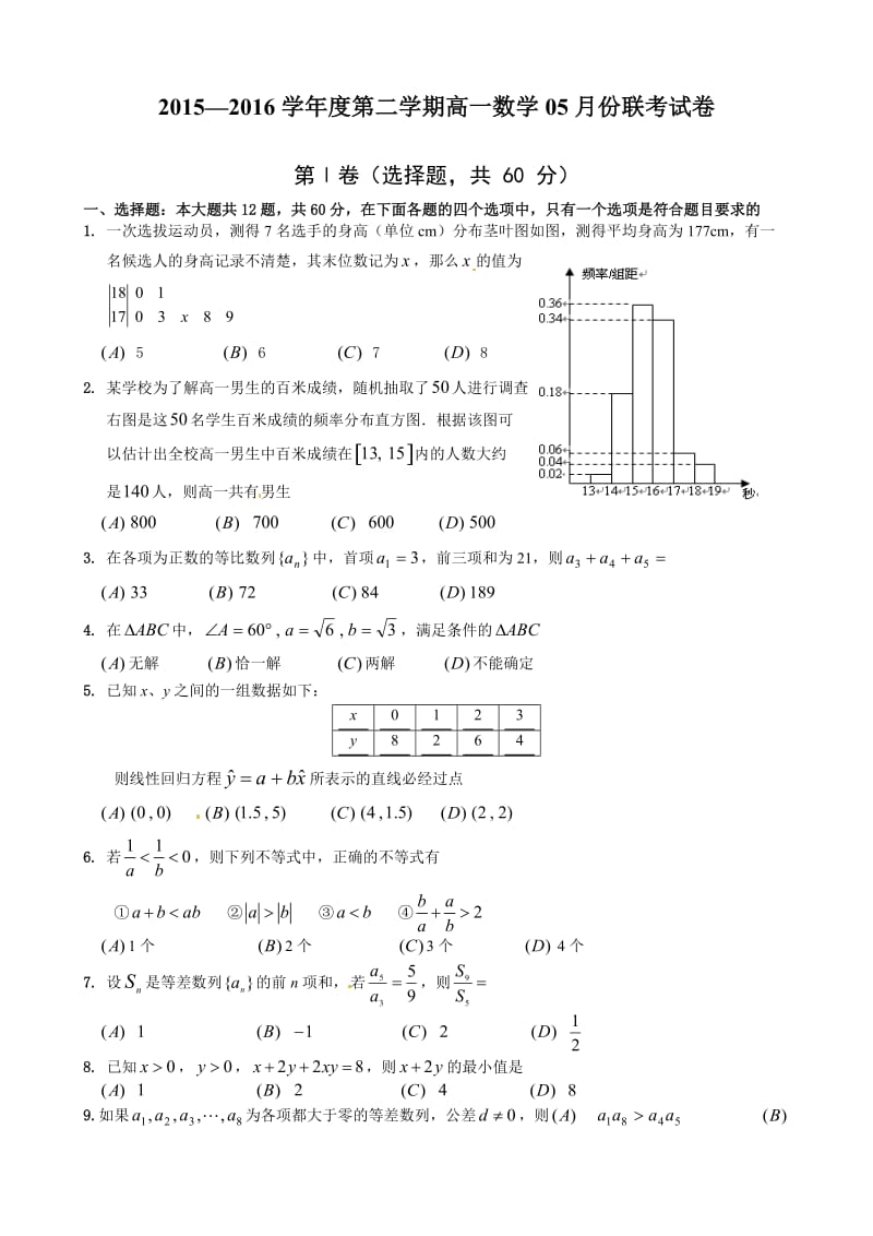 南昌五校2015-2016学年高一数学5月月考试卷及答案.doc_第1页