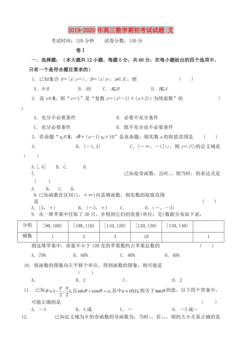 2019-2020年高三数学期初考试试题 文.doc_第1页