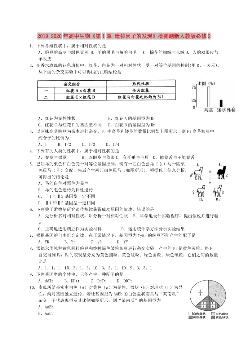 2019-2020年高中生物《第1章 遗传因子的发现》检测题新人教版必修2.doc_第1页