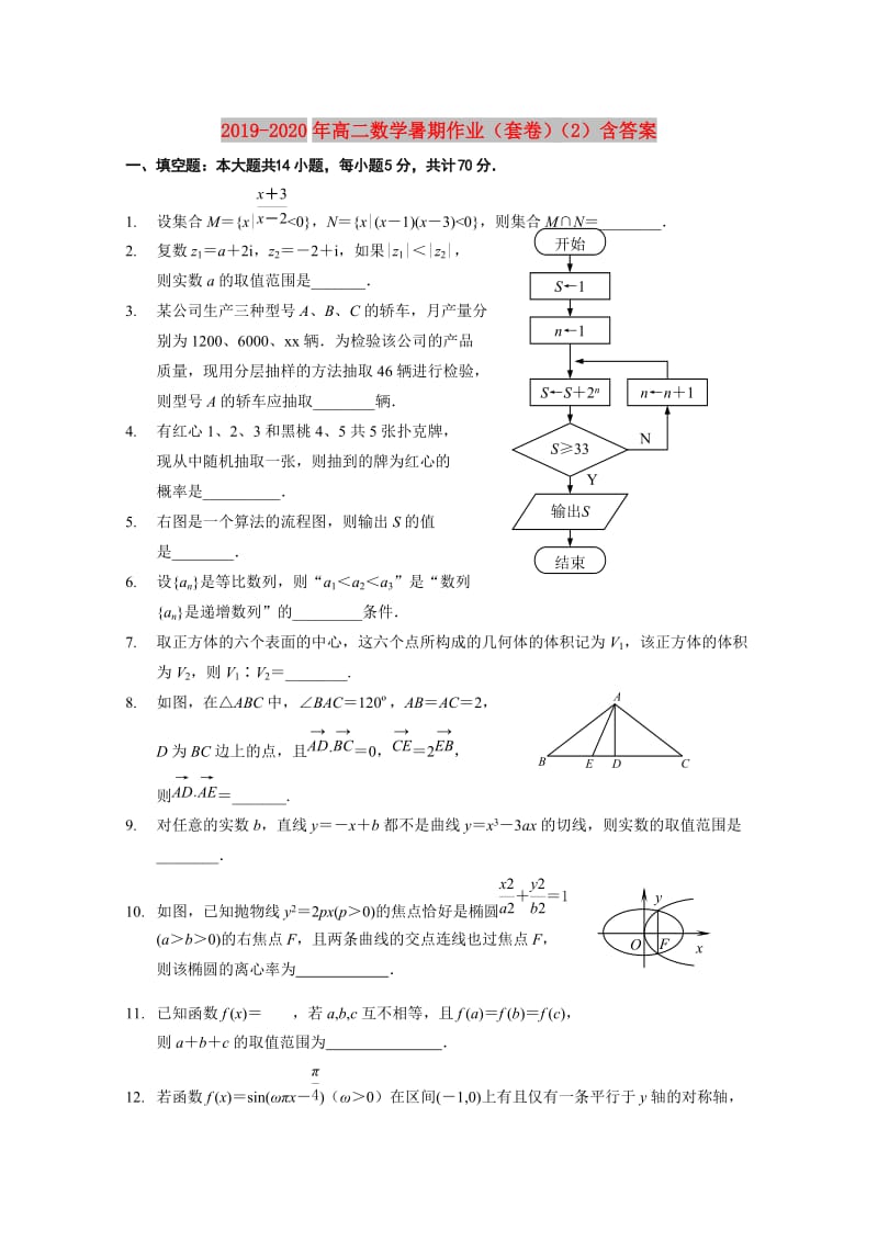 2019-2020年高二数学暑期作业（套卷）（2）含答案.doc_第1页