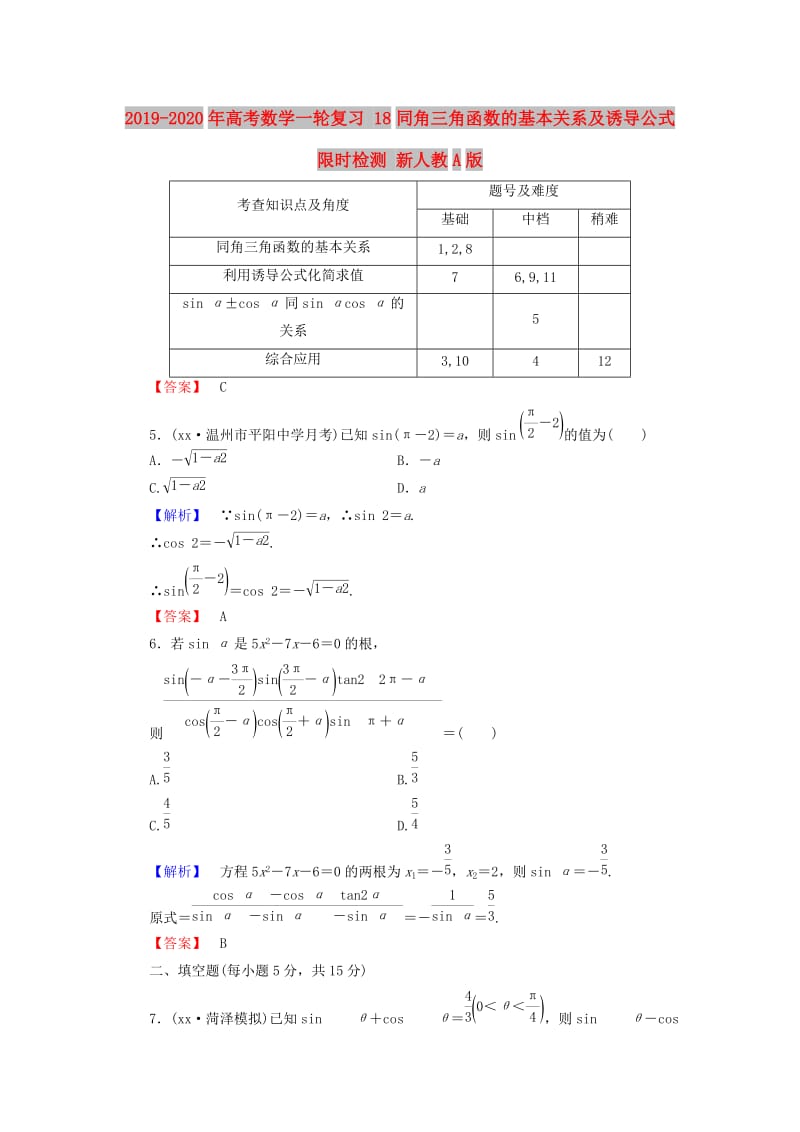 2019-2020年高考数学一轮复习 18同角三角函数的基本关系及诱导公式限时检测 新人教A版.doc_第1页