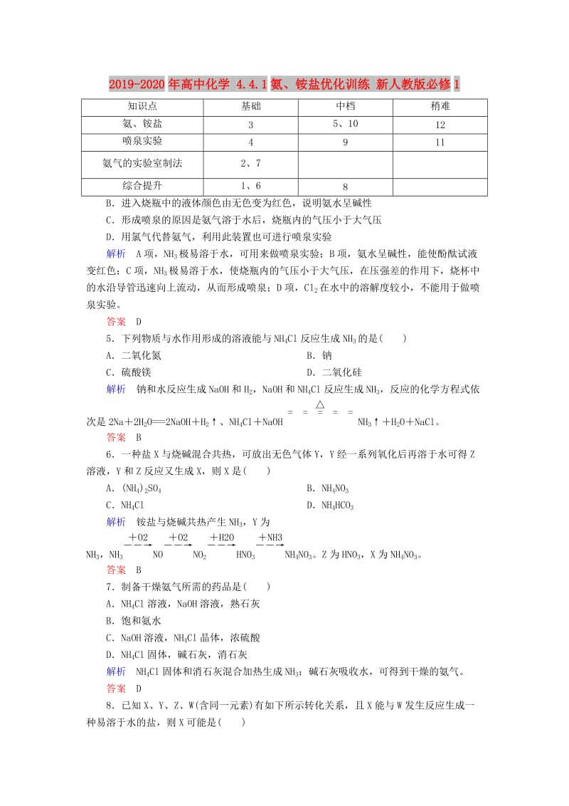 2019-2020年高中化学 4.4.1氨、铵盐优化训练 新人教版必修1.doc_第1页