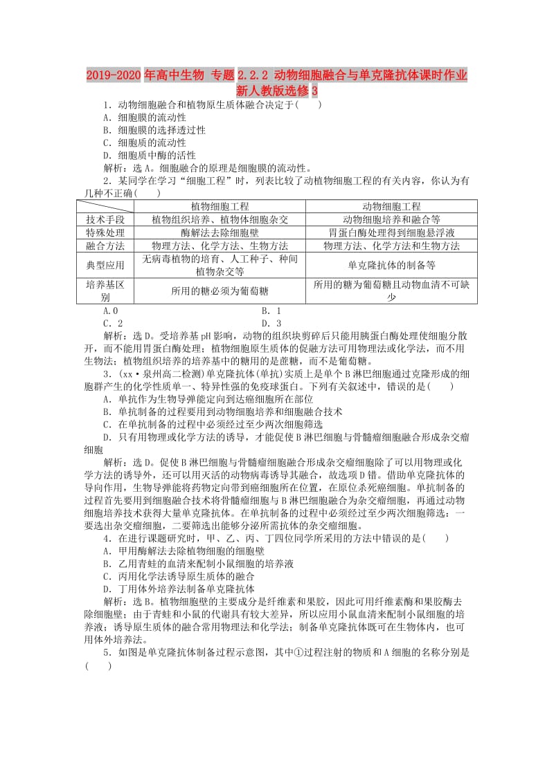 2019-2020年高中生物 专题2.2.2 动物细胞融合与单克隆抗体课时作业 新人教版选修3.doc_第1页