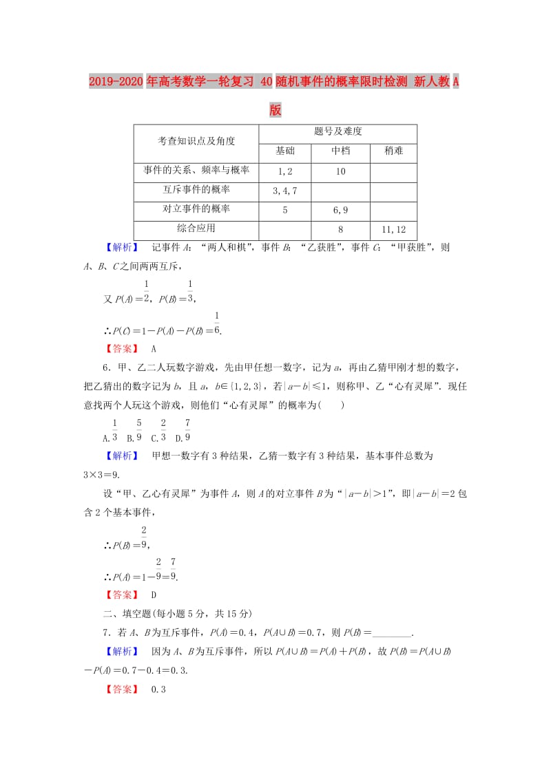 2019-2020年高考数学一轮复习 40随机事件的概率限时检测 新人教A版.doc_第1页