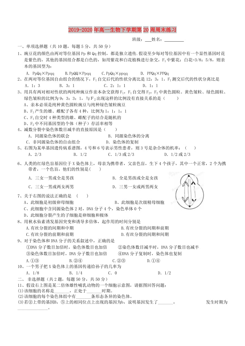 2019-2020年高一生物下学期第20周周末练习.doc_第1页