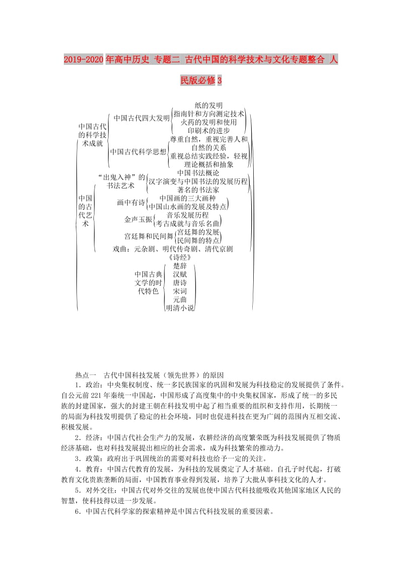 2019-2020年高中历史 专题二 古代中国的科学技术与文化专题整合 人民版必修3.doc_第1页