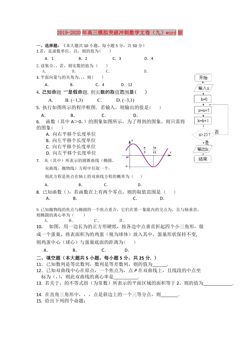 2019-2020年高三模拟突破冲刺数学文卷（九）word版.doc_第1页